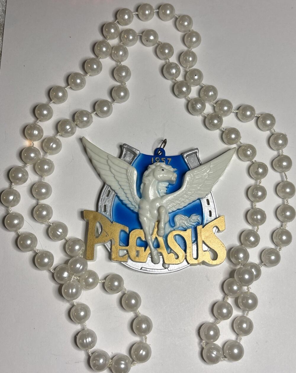 Krewe of Pegasus Mardi Gras Medallion White Pearl Beads Winged Horse Necklace